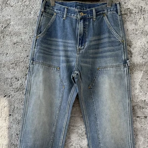 Vintage Straight Leg Denim Jeans Retro Distressed Streetwear Autumn Knitted Loose Fit Rivet Medium Wash