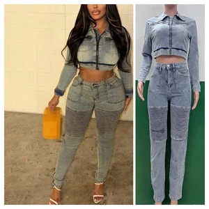 FS17894D Autumn Women Denim Jackets and Pants Two-Pieces Sets