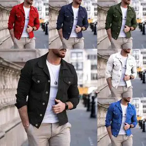 Autumn Men Denim Bomber Jacket Simple Casual Slim Turn-down Collar Regular Sleeve Breathable 100% Cotton Pocket Standard