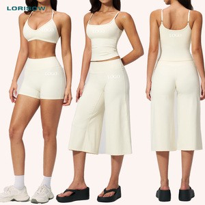 LORISOW 2026 Custom Halter Sports Bra & Calf-Length Wide Legs Elastic Waist High Waisted Capri Yoga Pants Workout Sets For Women