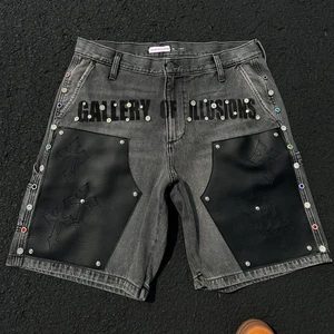 Custom Men's Street Wear Heavyweight Denim Shorts Applique Embroidery Jorts Vintage Zipper Fly Cotton Mid Waist Shorts