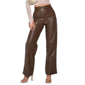 Hot Selling Fashion Black PU Leather Pant Women's Loose Wide Leg Straight High Elastic PU Trousers Leather Pants For Woman