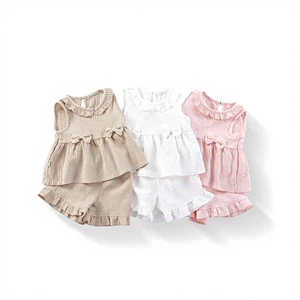 Girls' Vest Set Sweet Bowknot Casual Top + Ruffled Shorts Cute Fashionable Pure Cotton Crepe Solid Color Hang Tag