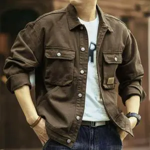 Men's Fashionable Retro Denim Jacket Washed Lapel Jacket French Workwear Jacket