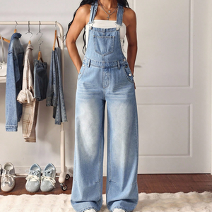 Blue Loose Mid-Waisted Casual Denim Viscose/Cotton SAND WASH Jumpsuits for Women Summer Button Y2K Retro Design Overalls