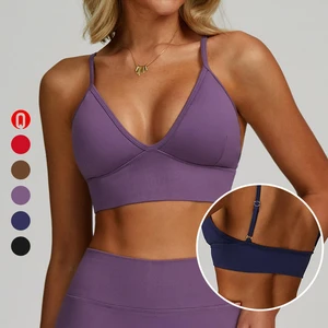 Wholesale Women's Double Strap Seamless Yoga Sports Bra Quick-drying V-Neck With Chest Pad Front Logo Medium Support