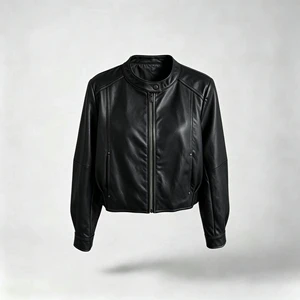Handsome Coated PU Leather Blouson Jacket Women's Spring Autumn New Solid Stand Collar Short Zipper Closure Pockets Polyester