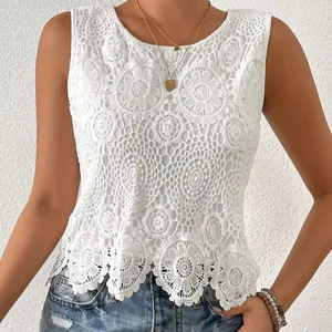 Summer New Fashion Elegant Round Neck Lace Hollow Out Sleeveless Vest Women Casual Versatile Slim Fit Camisole Top