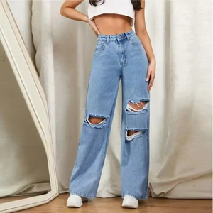 Women's Premium Quality Loose Wide Leg Custom Zipper Fly Ripped Detail Embroidered Denim Pants-Colored Mid for Summer Fashion