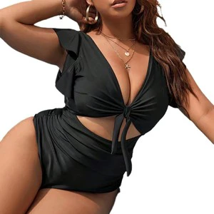 Plus-Size Elegance One-Piece Swimsuit with Sexy Ruffle Trim & Push-Up Solid Colors Tankini Beachwear