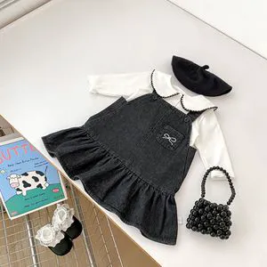 2026 Spring New Girls' Denim Baby Dress Suit Versatile With Bow Strap Denim Dress With Turn-Down Collar Two-Piece Set