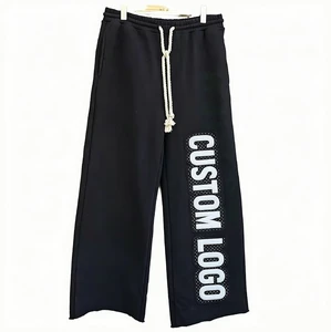 Streetwear Wide Leg Sweatpants Custom Vertical Chenille Patch Logo Heavyweight Cotton Raw Cut Hem Hip Hop Baggy Trousers