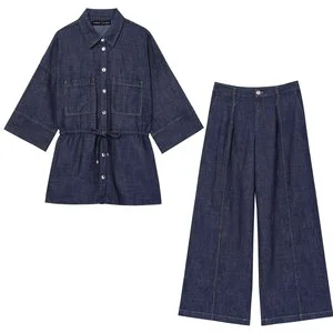 Set Women's fashion new denim blended fabric nine-point sleeve shirt+casual denim wide leg pants women's suit