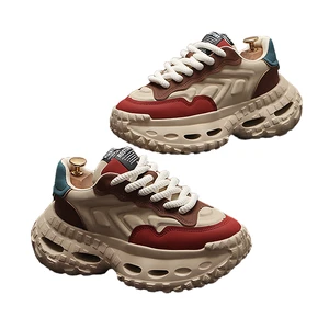 Men's Lace-Up Head Leather Printed Logo Running Shoes Autumn Fashionable Trendy Outdoor Hiking Thick Rubber Midsole Mesh Upper