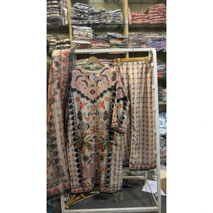 FUSION Long Length 3-Piece Chiffon Suit Plus Size Series SL00252 Casual Style Tassel Pattern Floral/Abstract Print Pakistani