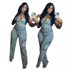 Manufactory Custom Style or Logo ODM Women Strapless Embroidery Ripped Wide Leg Jeans Denim Jumpsuits Playsuit One Piece Rompers