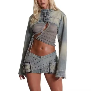 New Arrival High Quality Women's Denim Suit Sexy Drop Shoulder Crop A-Line Mini Skirt Acid Wash Faded Denim Solid Stand Skinny