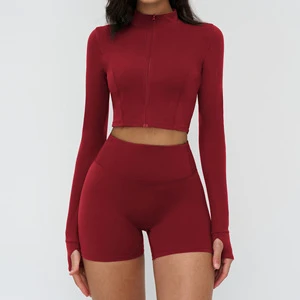Wholesale Fitness Clothing Outdoor Sports Tight Yoga Fitness Suit Mid Waist Full Sleeve 2 Piece Set Solid Front Anti-Bacterial