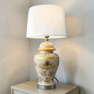 Traditional Glass Table Lamp with White Fabric Drum Shade E27 LED Warm Light Bedroom Decorative Lamp