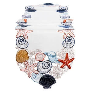 OWENIE Ocean Conch Starfish Shell Summer Embroidered White Linen Holiday Cotton Knitted Coral Table Runner