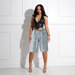 Summer Casual Streetwear Women's Straight Washed Denim Shorts High Waist Zipper Button Beaded Knee-Length Pants