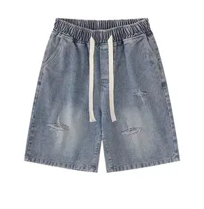Men's Denim Bermuda Shorts Elastic Waist Ripped Washed Casual Style 100% Cotton Woolen Fabric Vintage Shorts