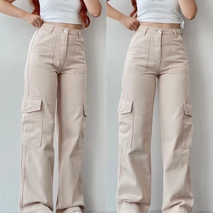 Custom Plus Size Casual Fashion Cargo Trousers Cotton Multi Pocket Loose Straight Wide Leg Pants for Women
