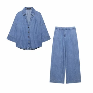 Spring New Arrival Women's 2-Piece Suit Denim Shirt Jeans Solid Button Long Sleeves Elegant Commuting Suit