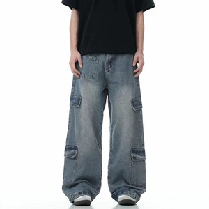 Custom Ready Made Men's Cotton Straight Wide Leg Baggy Jeans Pants Loose Fit Washed Pockets Buttons Denim Pants for Men