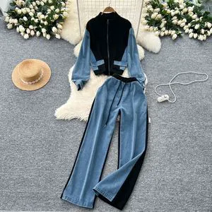 Fashion Casual Stitching Stand Collar Zipper Top High Waist Wide Leg Pants Denim Two-piece Suit Women's Casual Sets