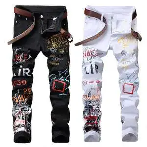 High Street Fashion Men's Jeans Nightclub Black and White Designer Brand Jeans Men's Plus Size Punk Pants Hip-hop Denim Jeans