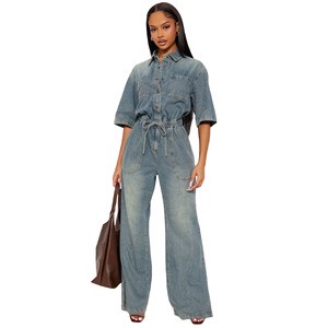 Custom Women Casual Short Sleeves Jumpsuit Blue Denim Work Wear Elastic Waist Zip Fly Jumpsuit Overalls for Ladies