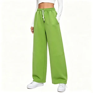 Custom ODM Womens Mid Drawstring Elastic Waist Regular Fit Wide Leg Anti Wrinkle Solid Casual Full Length Jogging Bottoms Pants
