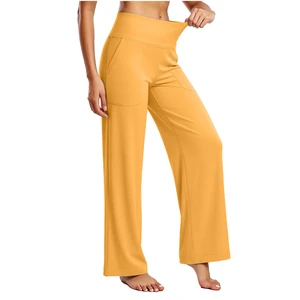 Women's Solid High Waist Flared Leg Yoga Pants Drawstring Closure Pockets Breathable Four-Way Stretch Lightweight Workout Lounge