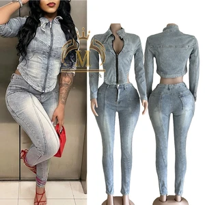Winter Fall Women's Denim Outfits Stretch Irregular Crop Jacket+Jeans 2 Piece Sets Ladies Y2K Denim Jeans Two Piece Sets Women