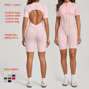 Ladies 3D Lines Breathable Hollow Back Active Stretch Zipper Yoga Jumpsuit Workout Running Tennis Sports Bodysuit Shapewear