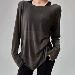 Women Loose Yoga Cover Top Long Sleeve Breathable Running Fitness TShirt Activewear Gym Workout Sportswear OEM Factory Front