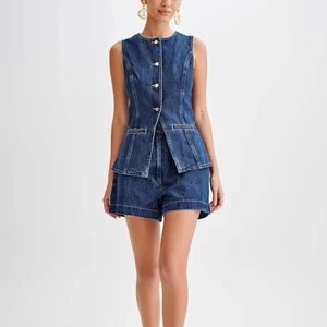 Summer Fashion Casual Sleeveless Bodycon Single Breasted Casual Two Piece Set Women's Denim Suit With Shorts