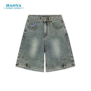High Quality Men's Baggy StraightJeans Streetwear Casual Denim Shorts with Multiple Pockets and Embroidery Dark Wash for Summer