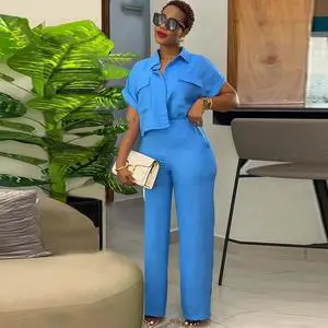 Fashion Spring Summer Boutique Outfit Women Lounge Wear Short Sleeve Cropped Shirt and Wide-leg Pant 2 Piece Set