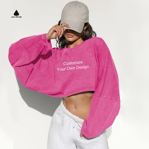 Drop Shoulder Custom Plain Sublimation Organic Cotton Long Sleeve Tshirt Women Oversized Blank Crewneck Crop Top Sweatshirt