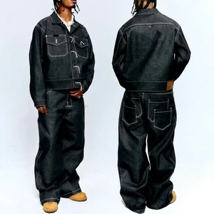 Men's Denim Jacket And Pants Set Oversized Loose Fit Full Length Solid Color Turn-down Collar Button Fly Casual Style