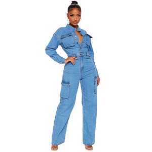 2025 Solid Color Bodycon Tight High Waist Jeans Pants Long Sleeve Casual Cargo Women Denim Jumpsuits