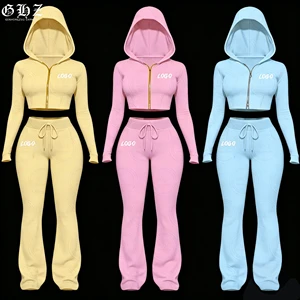 Two Piece Set Women Y2K Clothing Custom LOGO Women Streetwear Zip Hoodies Jacket And Flared Yoga Pants Set Tracksuits For Women