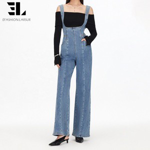 LARSUR Custom Factory Eco-friendly Soft Lyocell Denim Jumpsuit Ladies Casual Distress Wash Long Jean Jumpsuits for Women