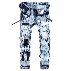 RNSHANGER New Men's Motorcycle Jeans Pleated Holes Decorative Denim Pants Trendy Men Blue Yellow Casual Denim Trousers