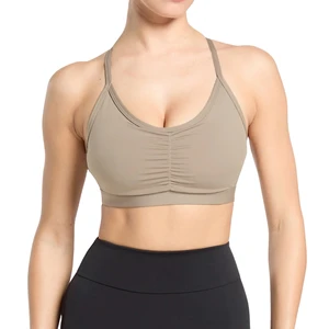 Padded Simple High Support Eco-Friendly Women's Gym Workout Bra with Criss Cross Back Deep V-Neck Ruched Front Custom Logo