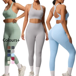 YS031 Solid Lightweight High Strength Two-Piece Yoga Pilates Sport Set Shockproof Run Bra Front Logo Breathable Leggings Gym