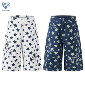 YUANBOFEI Men's Eco-Friendly Breathable Loose Straight-leg Denim Shorts Winter Autumn Retro Street Baggy Capri Jeans Star