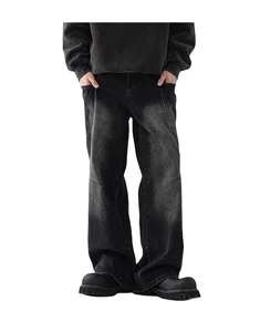 Men's Vintage Black Gradient Washed Wide Leg Denim Pants, Multi Side Patch Pockets Stitch Seam Baggy Jeans Y2K Streetwear